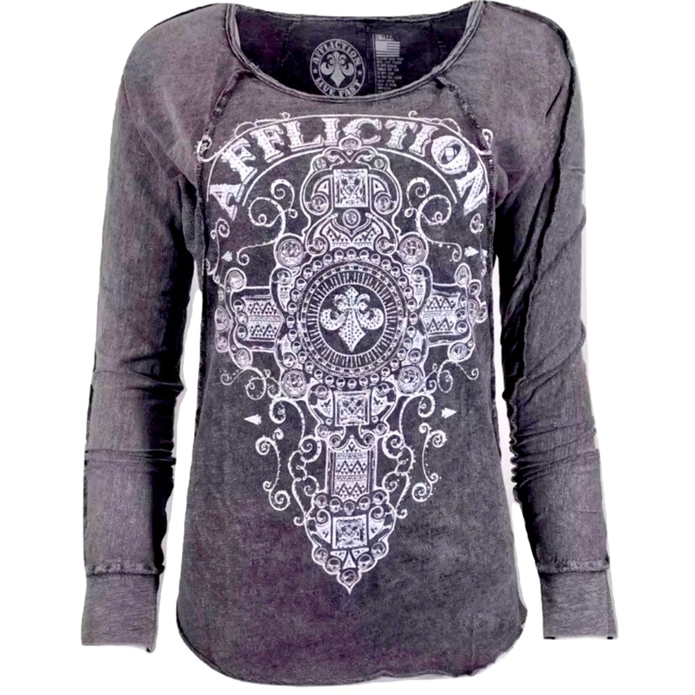 Affliction Women's T-Shirt LS Marquis Biker Color Gray/White Size: Large